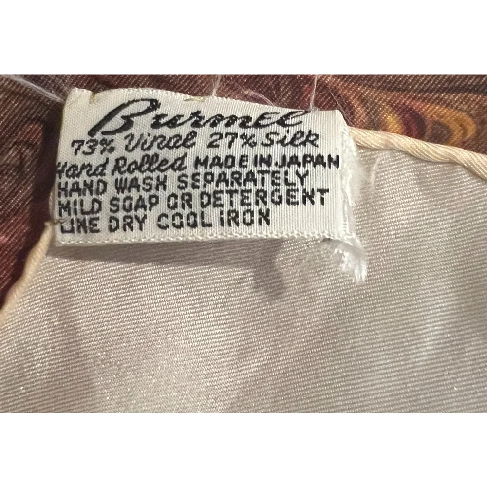 Vintage BURMEL Silk Scarf Beige Geometric Swirls Japan Hand Rolled Rare Authenti